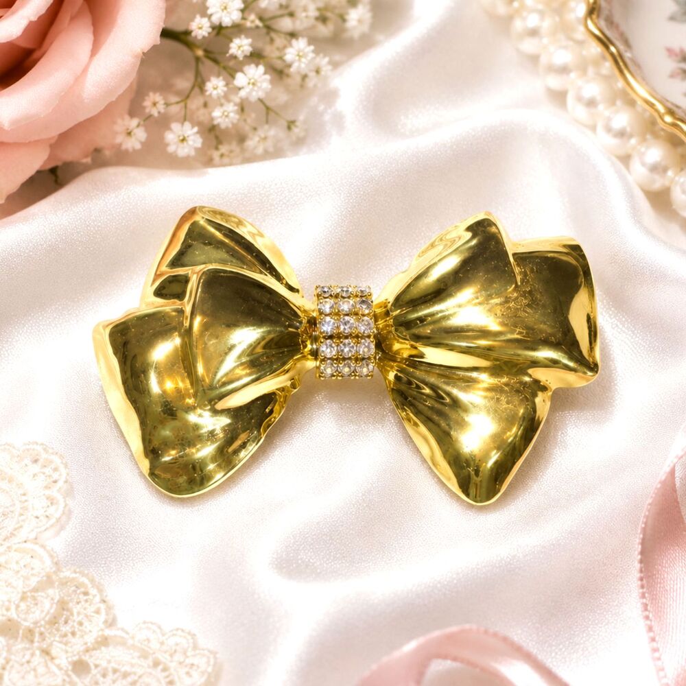 Vintage Gold Tone and Rhinestone Bow Brooch